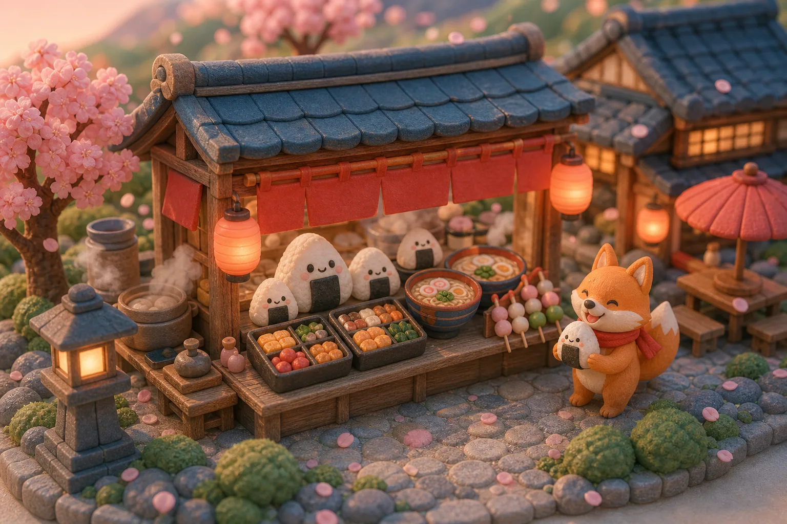 A miniature food stall with smiling onigiri rice balls, bento boxes, ramen, and a happy fox hugging an onigiri.