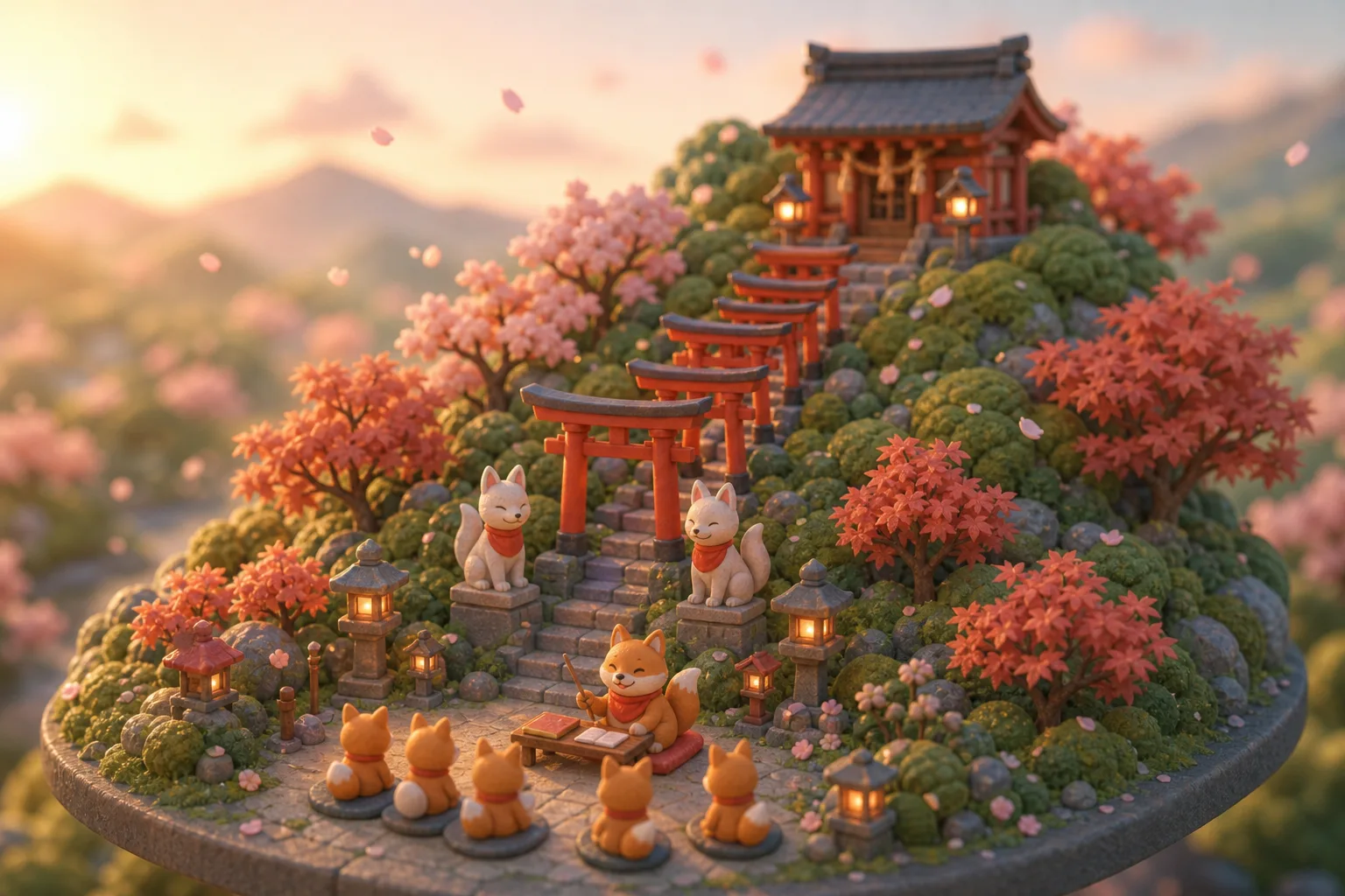 A miniature fox shrine on a hill with a row of red torii gates; a fox teacher sits at a tiny desk in front of fox pupils.