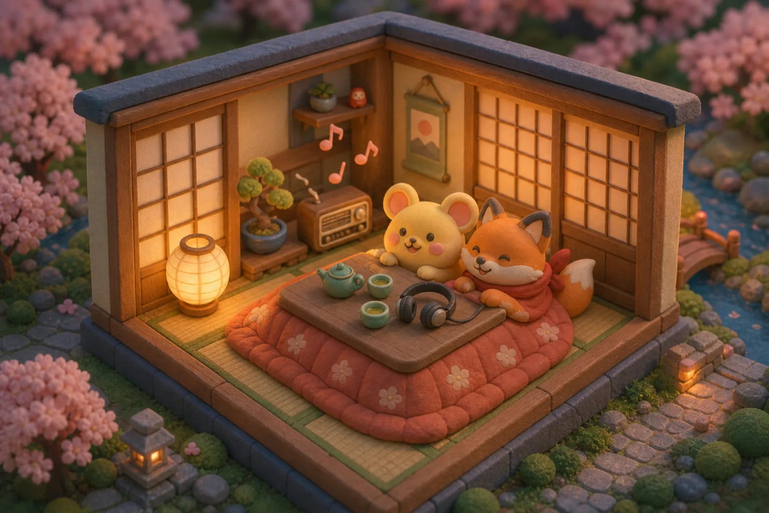 A cozy miniature tatami room where a fox and a round yellow creature listen to a little radio under a kotatsu blanket.