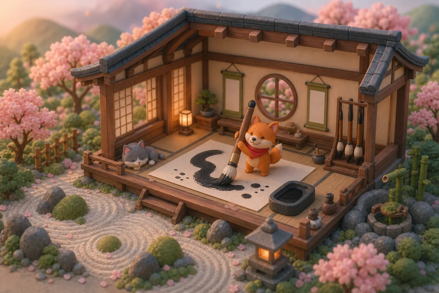 A miniature calligraphy dojo with a zen garden; a fox proudly holds a giant ink brush over paper with a single brushstroke.