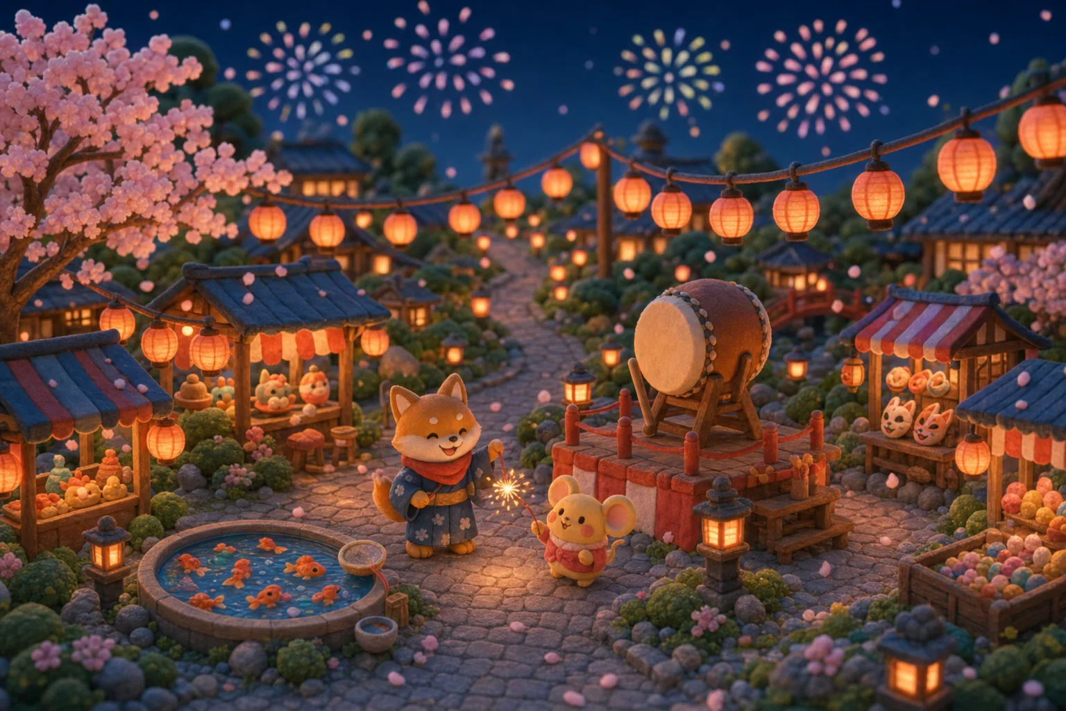 A miniature night festival with glowing lanterns, fireworks, a taiko drum, and the fox in a yukata holding a sparkler.